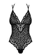 Seductive teddy, velvet, wide lace edge, strappy back, leopard (pattern)